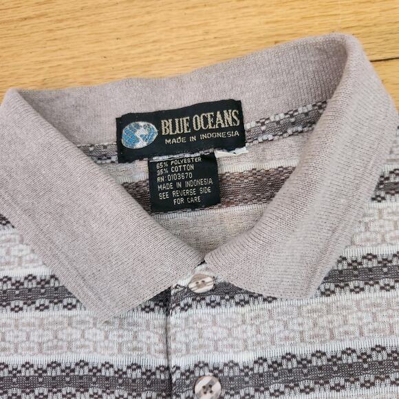 Vtg 90s Blue Oceans Polo Shirt Sz Medium Mens Cream Brown Preppy Pocket Stripe - Picture 4 of 12